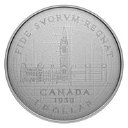 Эскиз серебряного доллара 1939 года с изображением Парламента авторства Эммануэля Хана на памятной монете. Канада