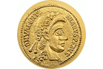 На золотой монете - профиль императора Валентиниана III (1 доллар)