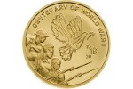 На золотой монете изображены солдаты и голубь мира