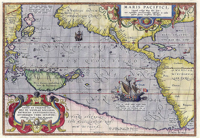 Тихий океан на карте Отрелия, 1589 год