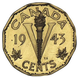 5 центов Канады, 1943 год,по краю монетного поля код азбуки Морзе: «Мы выигрываем, когда мы работаем по доброй воле»(We win when we work willingly).