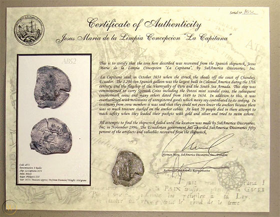 Сертификат, подтверждающий подлинность монеты,поднятой с галеона «Капитан»