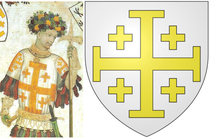 Готфрид Бульонский (фреска Giacomo Jaquerio, 1418-1430 гг.) и его герб (фото - ru.wikipedia.org)