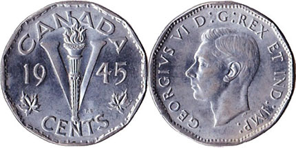 5 центов Канады образца1944–1945 годов