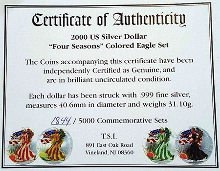 Сертификат подлинности набора монет «Времена года» США 2000 г. «Начального этапа»