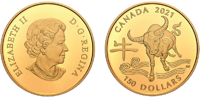 Золотая монета "Год быка". Королевский монетный двор Канады