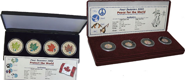Образцы сертификатовподлинности и коробок наборов серебряных и золотых монет Канады и США 2002-2003 гг.