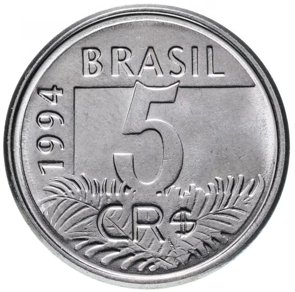 Стальная монета 5 крузейро реал (1993–1994 гг.) с изображением попугая ара