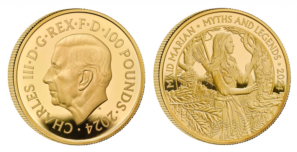 Дева Мэриан, возлюбленная Робина Гуда, на памятных монетах Великобритании. Золото