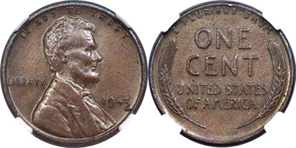 Цент Линкольна 1943 годаФиладельфийского монетного двора на бронзовой монетной заготовке.