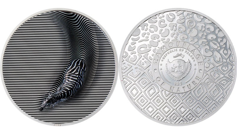 Зебра на серебряных 20 долларах, представленных в номинациях «Уникальная концепция» и «Монета года». Power Coin (Италия). Палау