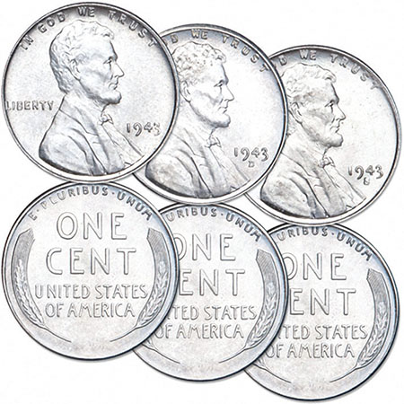 Монеты номиналом один цент, отчеканенные в 1943 году на трех монетных дворах: Филадельфии, Денвера и Сан-Франциско
