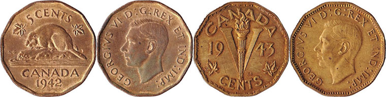 Монеты 5 центов Канады образца 1942 и 1943 годов