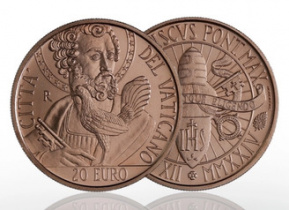 Апостол Петр и петух на медных 20 евро. Ватикан