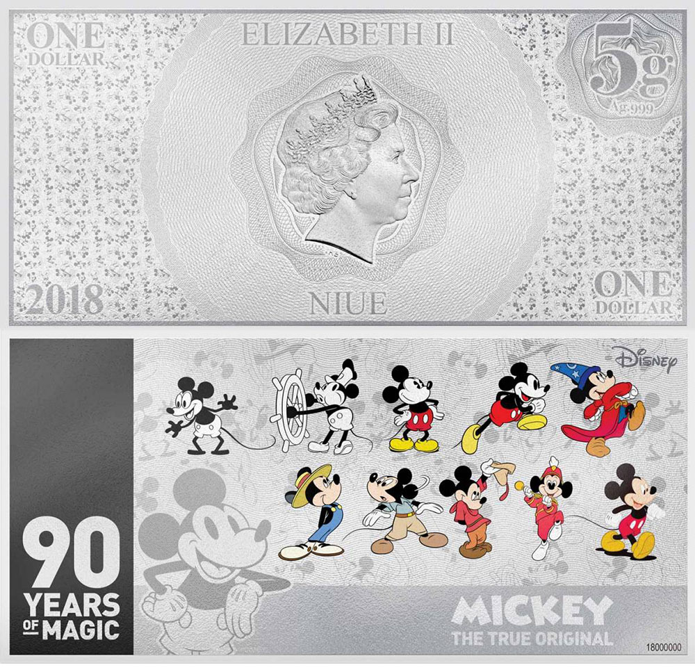 Серебряная банкнота с Микки-Маусом