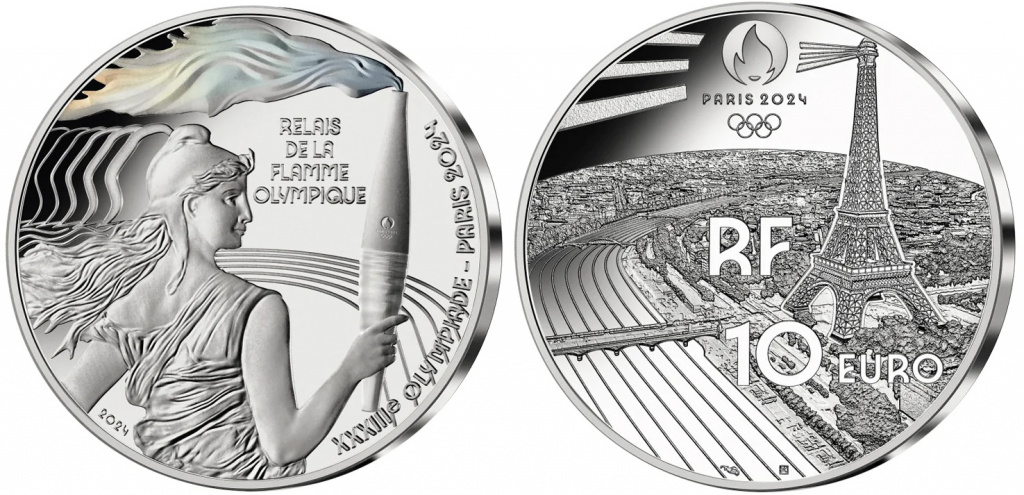 Олимпийский огонь на серебряных 10 евро. Франция