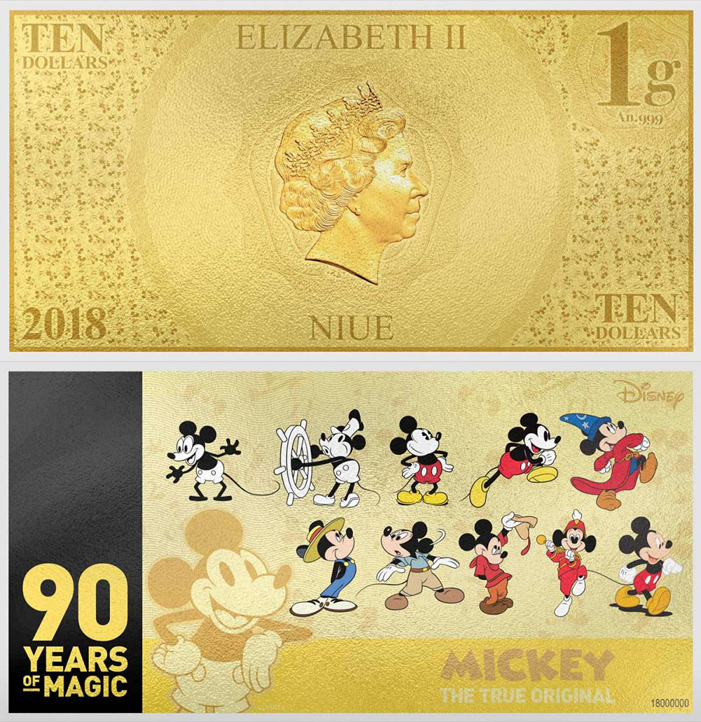 Золотая банкнота с Микки-Маусом