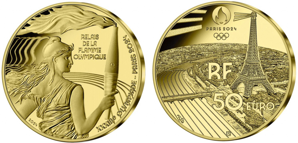 Олимпийский огонь на золотых 50 евро. Франция