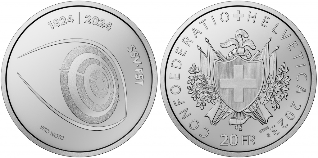 Федерация стрелкового спорта на серебряных 20 франках. Швейцария
