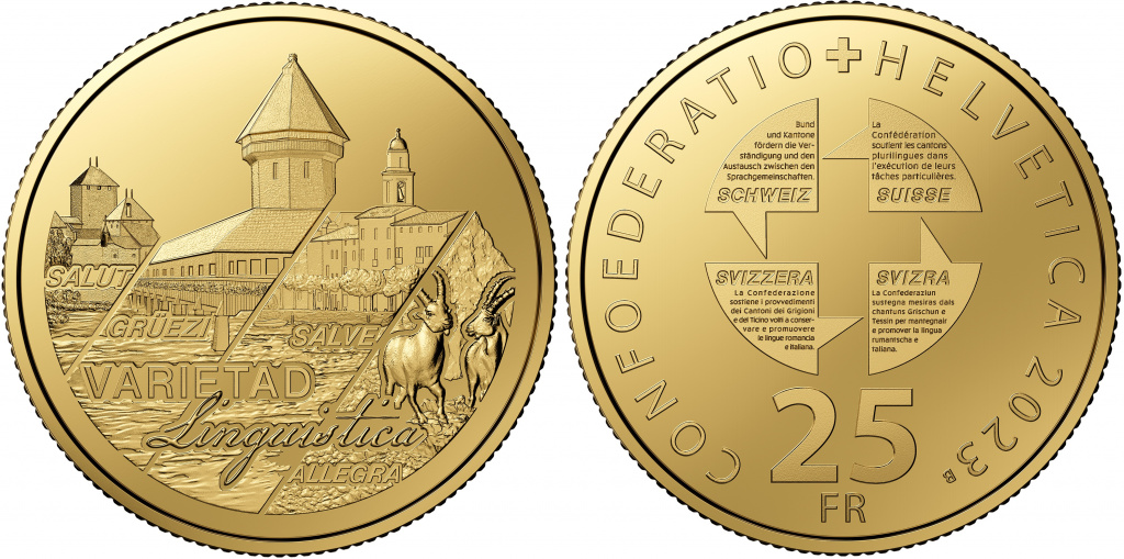 Языковое разнообразие на золотых 25 франках. Швейцария
